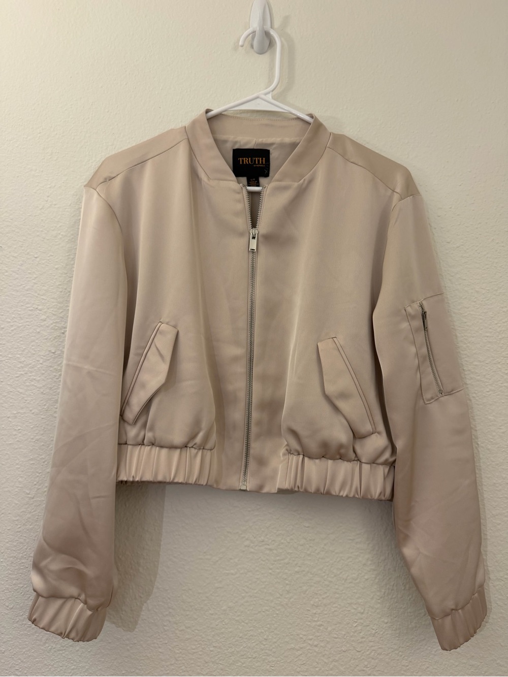 Truth Beige Satin Cropped Bomber Jacket